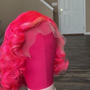 Custom made pink wig with blonde stripes Brazilian hair